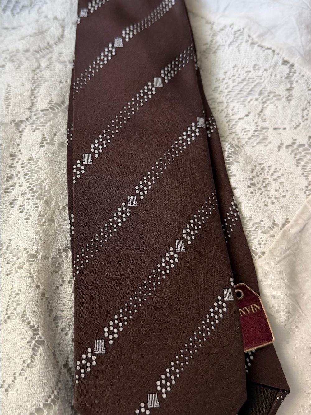 Balmain Brown Silk Tie with Diagonal White Dot Pattern
